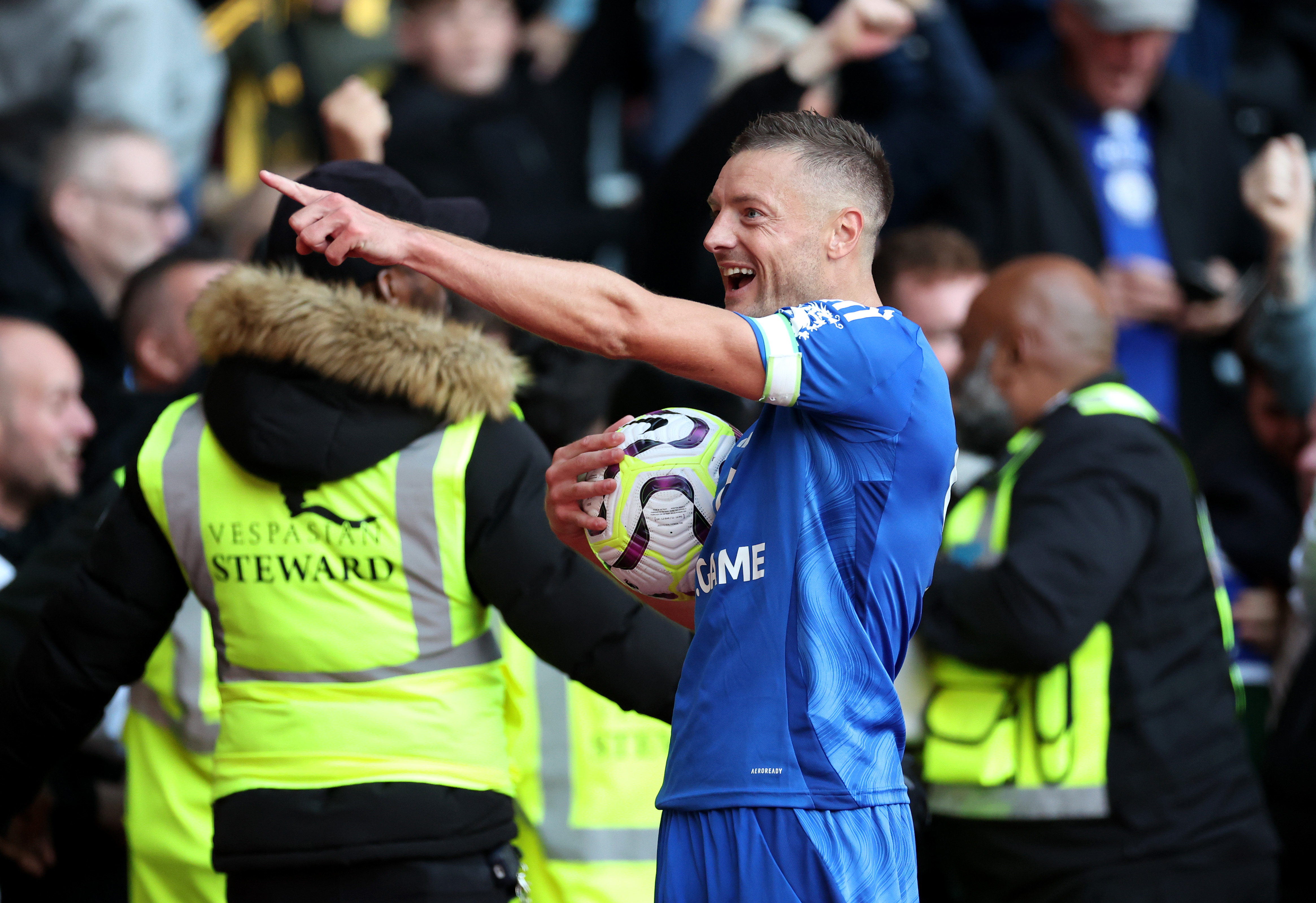 Vardy celebrates with the travelling fans in Southampton after Leicester came from 2-0 down to triumph at St Mary’s